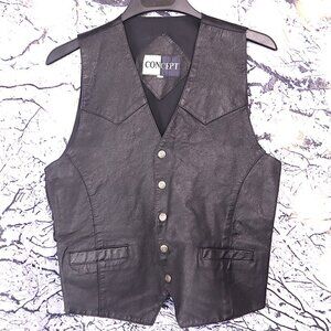 LEATHER TUXEDO VEST S Concept Black Formal Bikercore Moto Buttons Vintage Retro
